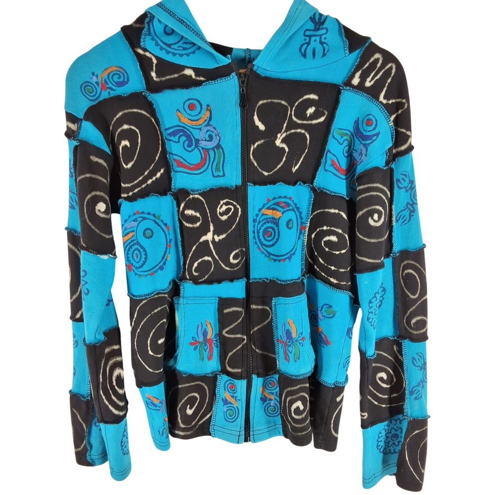 Rising International Boho Patchwork Razor Cut Hoodie Nepal Om Yin Yang Blue S/M